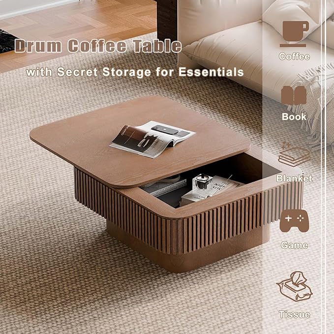 Square Small Coffee Table with Storage, Modern Wooden Coffee Table with Solid Wood Veneered, Fluted Center Table Drum Tea Table for Living Room Apartment, 31.5''L×31.5''W×14''H