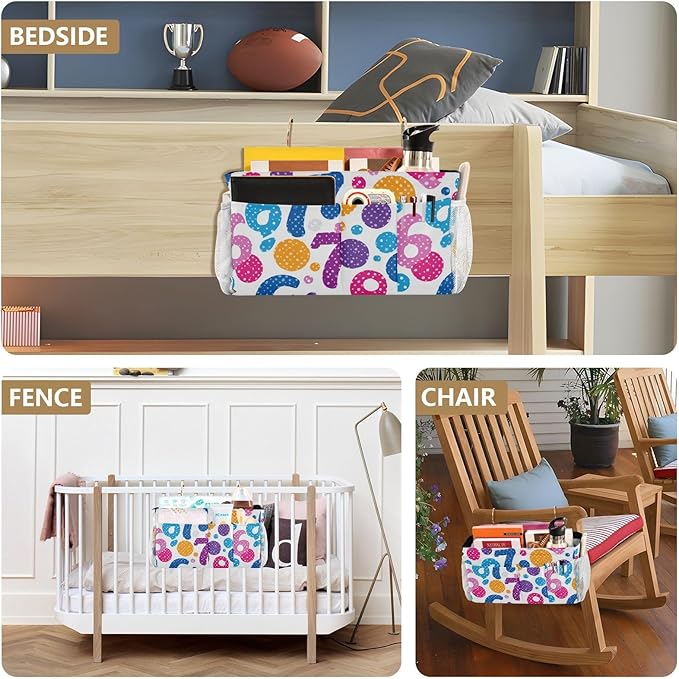 Bedside Caddy Hanging Bunk Bed Caddy Bed Organizer Hanging Pocket with 2 Hooks Bedside Storage Organizer Pocket Bag Holder Six Seven Flowers Colorful Polka Dots