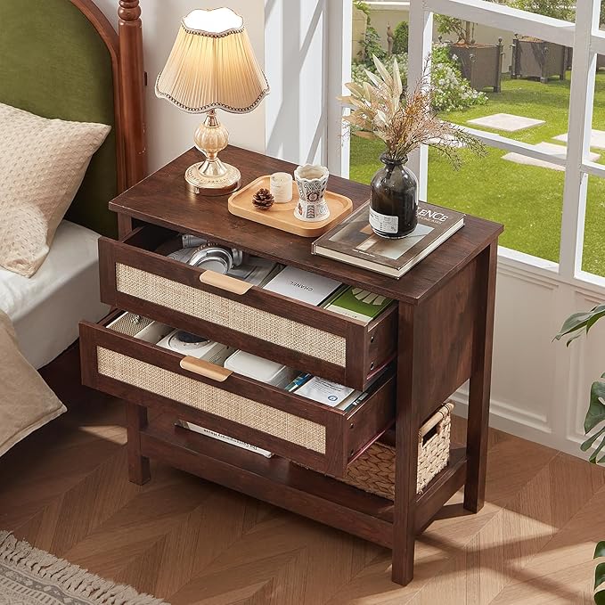 LEYAOYAO 31.5" Wide Rattan Night Stand, Large Boho Nightstand, Bedside Table with Storage, Tall Bed Side End Tables, Chest of Drawers for Bedroom, Living Room, Hallway（Walnut,2 Drawers,2）