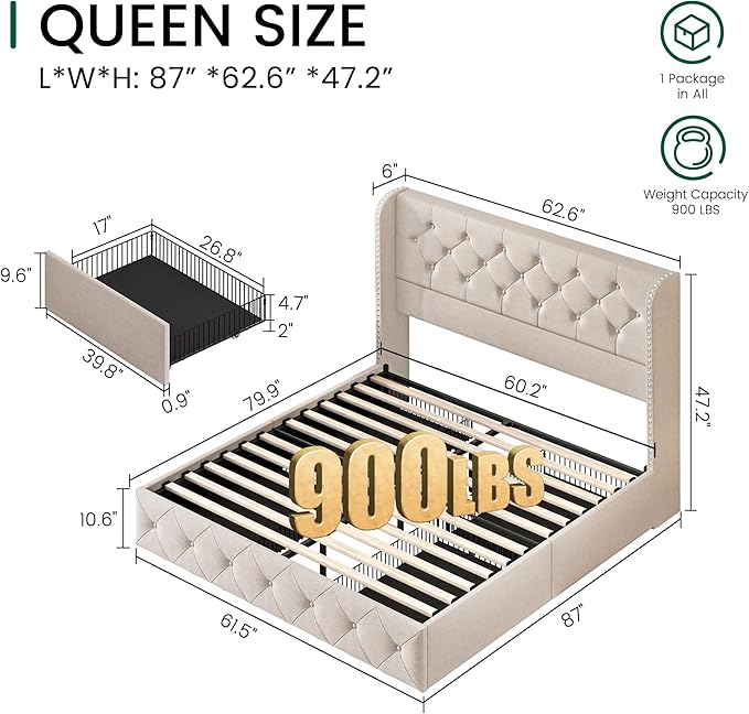 LARMACE Queen Size Bed Frame with 4 Storage Drawers and Tufted Headboard Linen Upholstered Platform Bed Frame Wingback Beds with Wooden Slats Support, Easy Assembly, Beige