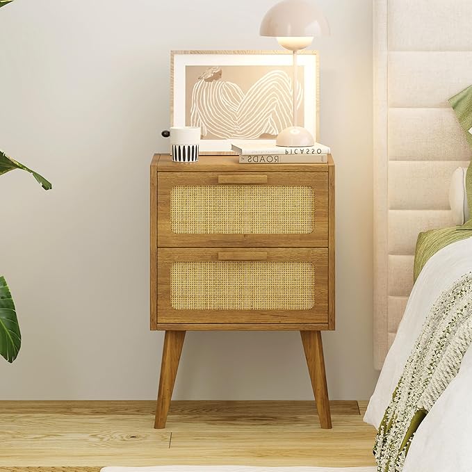 YAUKOMEL Rattan Nightstand,End Table, Side Table with 2 Hand Made Rattan Decorated Drawers,Boho Bedside Table,Wood Accent Table with Storage for Livingroom, Bedroom, Toffee Wood CTG59T