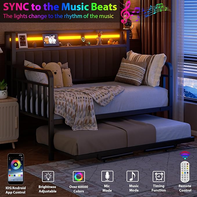 Daybed with Trundle and LED Light, Heavy Duty Metal Twin Bed Frame with Upholstered Storage Headboard & Charging Station, Day Bed Pop Up Trundle Bed Twin for Living Room,Bedroom and Guest Room, Black