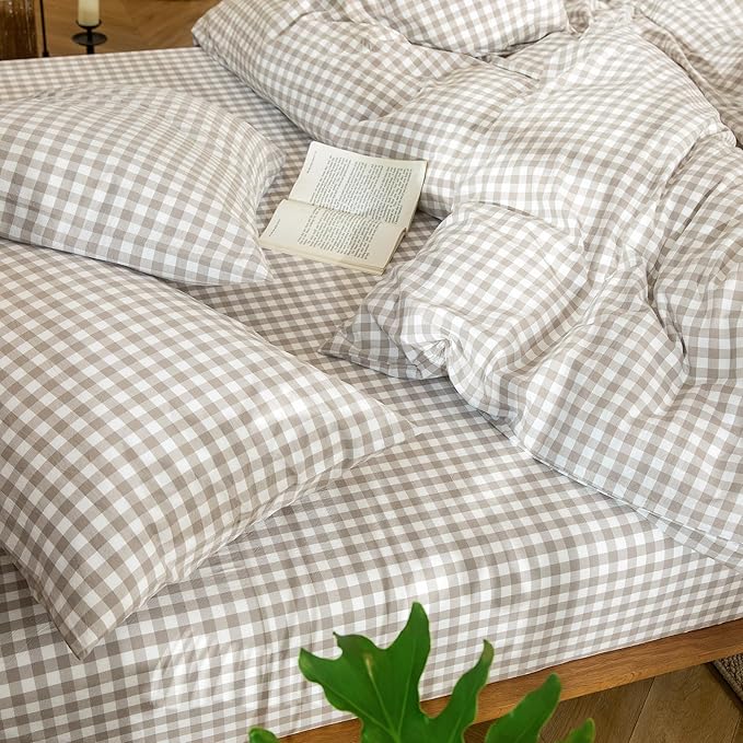 MooMee Gingham Duvet Cover Set 100% Washed Cotton Linen Like Textured Breathable Durable Soft Comfy Modern Checkered Design (Tannish Linen Grey Gingham, Super Queen 90"x98")