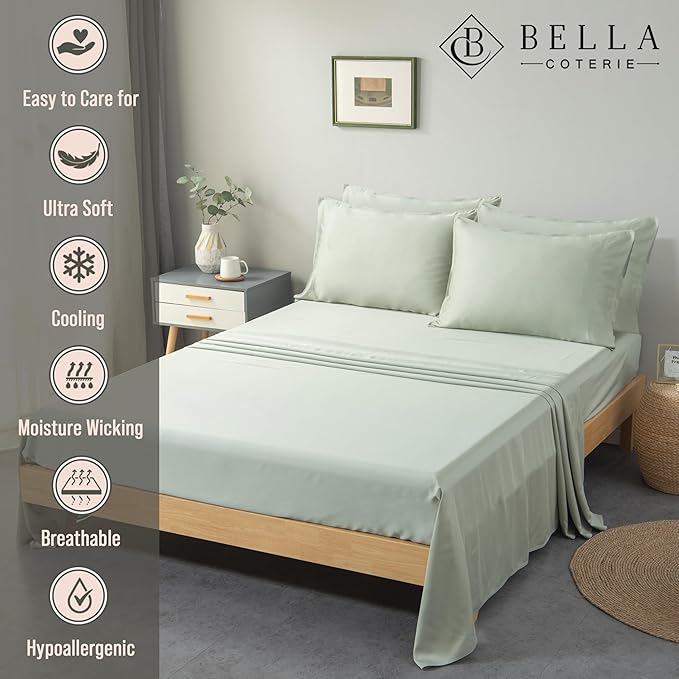 Bella Coterie 6 Piece Luxury Bamboo Viscose King Size Sheet Set | 100% Organically Grown | Cooling for Hot Sleepers | 18" Deep Pocket | Soft & Hypoallergenic | 4 Pillowcases [Sea Glass]