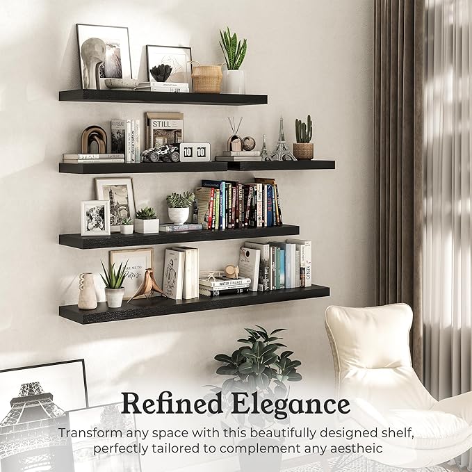 Floating Shelves for Wall, 9.3" Deep Wall Mounted Wood Shelves for Bathroom, Bedroom, Living Room, Kitchen, Hanging Shelf for Books/Storage/Room Decor (Black, 30")