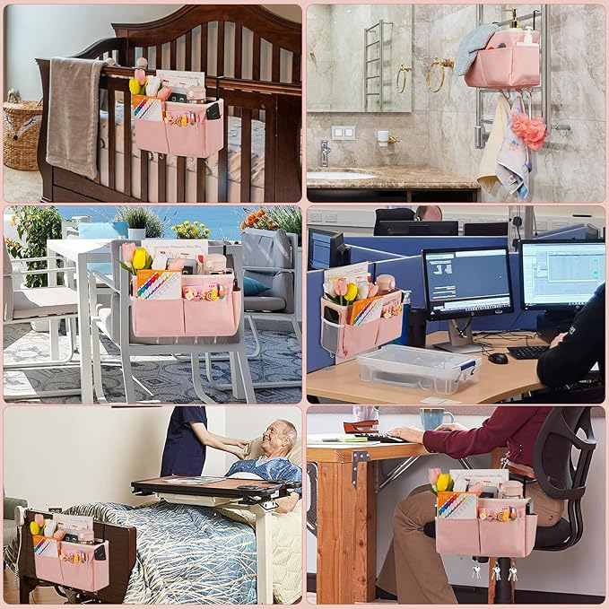 Bedside Storage Organizer 5 Pockets with 4 Hooks Hanging Storage Bag for Headboards/Bunk Bed (Pink)