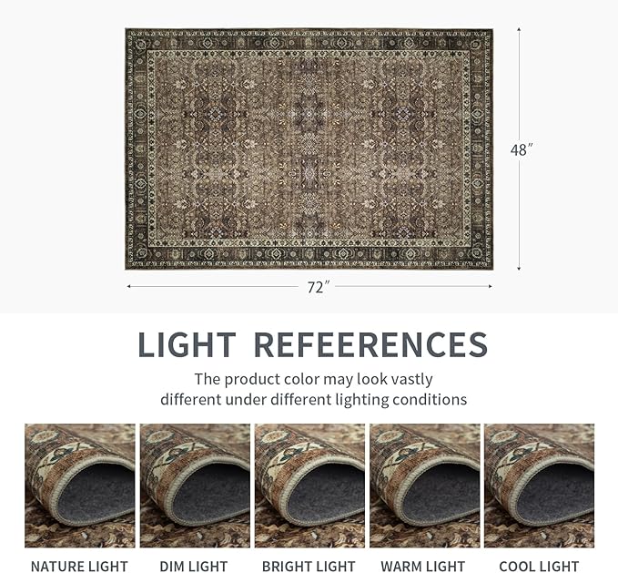 4x6 Vintage Washable Area Rug for Living Room,Low Pile Non Slip Carpet Non-Shedding Small Area Rug Soft Indoor Stain Resistant Rug Floral Print Mat for Bedroom Dining Room Brown Floral