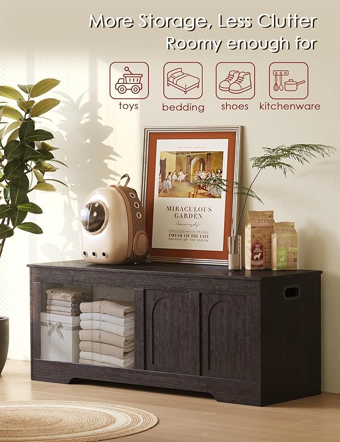 DINZI LVJ Storage Chest, 50” Extra Large Storage Bench with 2 Safety Hinges, Wooden Toy Box with Flip-Top, Large Trunk for Living Room, Playroom, Easy Assembly, Espresso