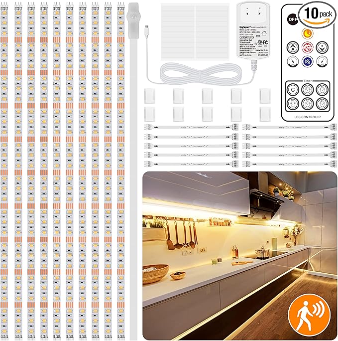 LAFULIT 10 PCS Under Cabinet Lights Kit, Motion Sensor LED Strip Lights with Remote, Dimmable and Timer Warm White Counter Lights for Kitchen Cabinets, Cupboards, Closets, Stairs, Shelf, Desk, and Bed