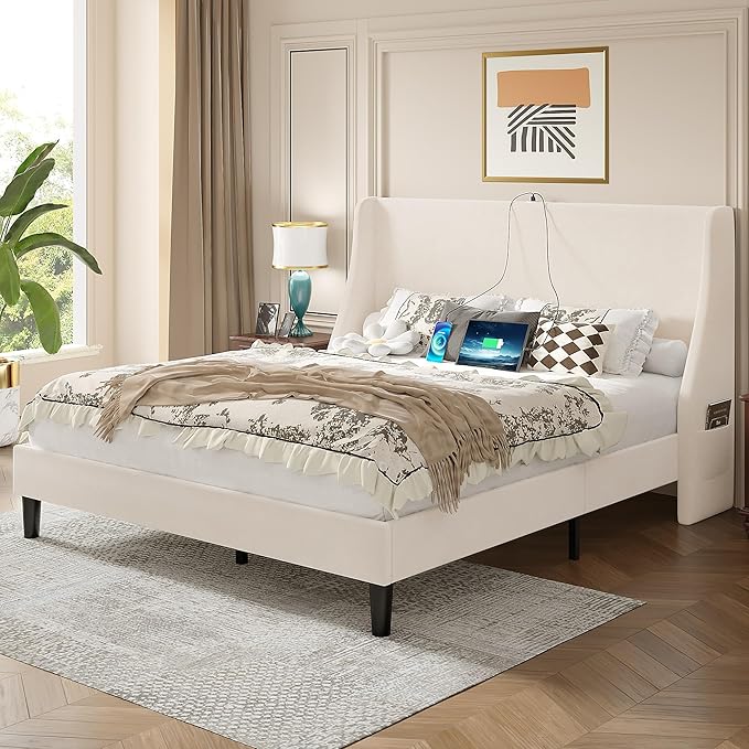 VECELO Queen Bed Frame with Upholstered Wingback Headboard, Heavy-Duty Platform Bedframe with Charging Station, Wooden Slats, No Box Spring Needed, Beige