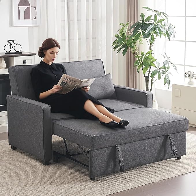 Furnimart 3-in-1 Convertible Sleeper Sofa with Pull-Out Bed, 53" Futon Couch Bed, Adjustable Backrest Loveseat for Small Spaces Gray
