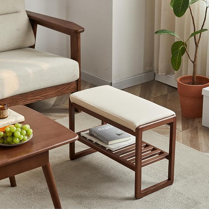 Wood Shoe Bench,2-Tier Storage Bench with Cushion Padded Seat,Entryway Bench with Shoe Storage, Small Bench for Entryway,Living Room