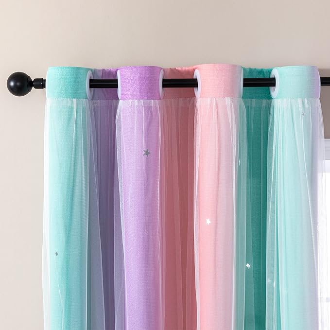 XiDi Curtains for Bedroom Decor, Rainbow PinkPuGreen-52-45