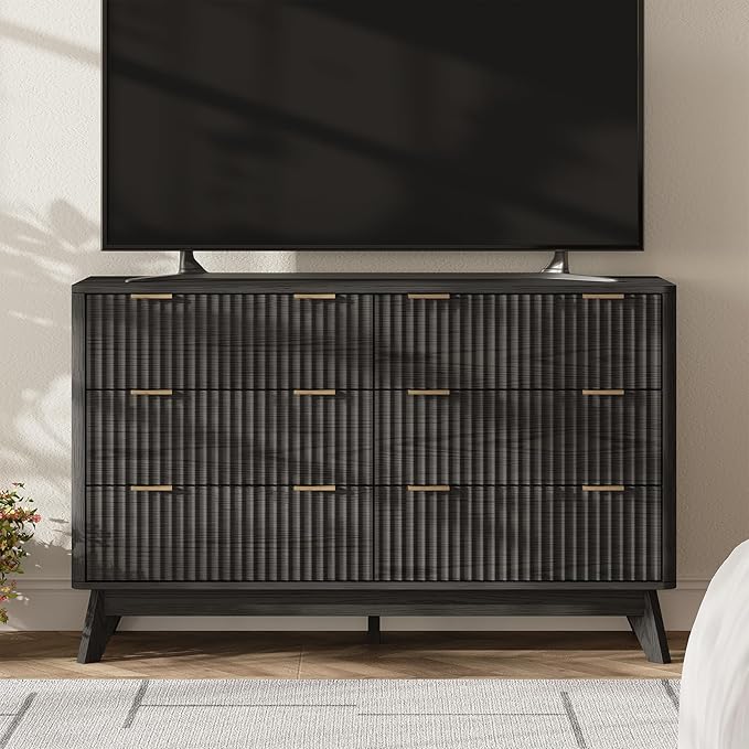 47'' Wide 6 Drawers Dresser for Bedroom,Modern Fluted Vertical Chest with Rounded Corners,Fluted Dresser for Living Room,Hallway, Black