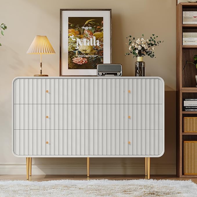 HLR Fluted 6 Drawers Dresser, 48'' Wide Modern Chest of Drawers with Gold Metal Handles,Dresser TV Stand, Wood Dressers & Chest of Drawers for Bedroom, Living Room, Hallway (White)