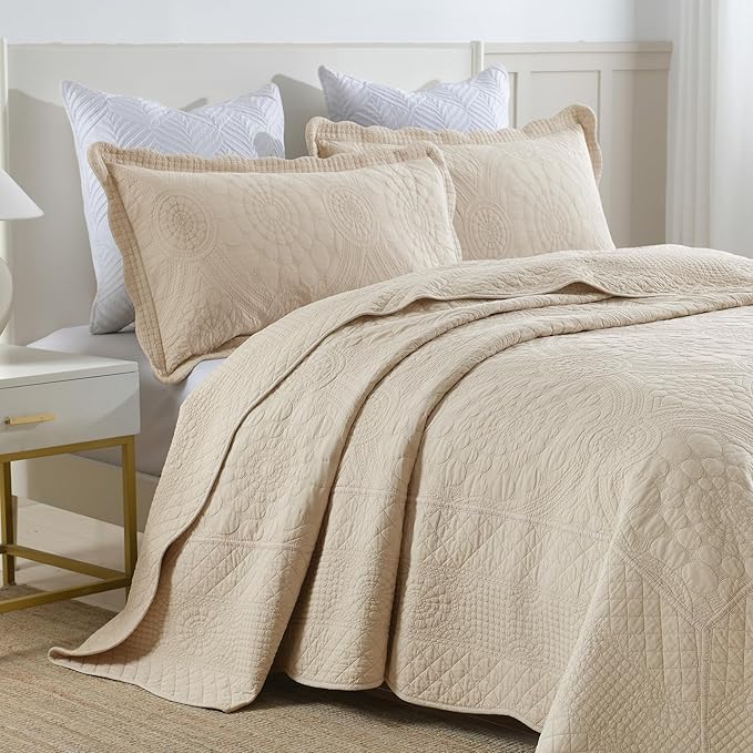 MarCielo 3-Piece 100% Cotton Oversized Bedspread Lightweight Quilt Coverlet Embroidery Farmhouse Bedding (Tf Khaki Beige, Oversized Queen (100"x106"))