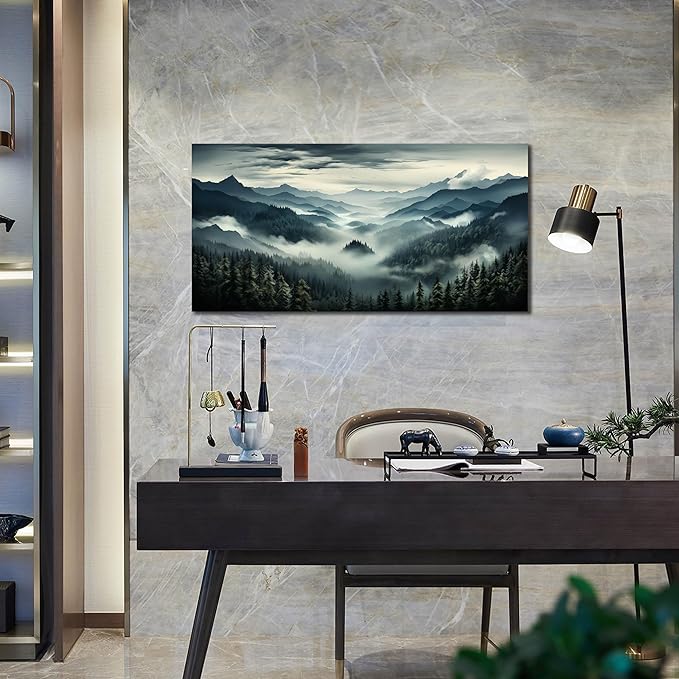Large Living Room Wall Art Foggy Green Forest Artwork for Bedroom Home Office Nature Pictures Modern Wall Art Framed Canvas Prints 20x40 Inch