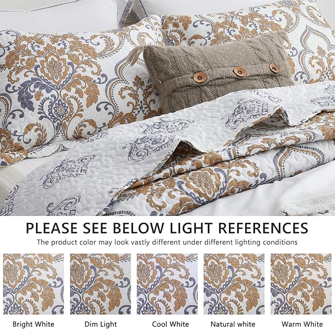 CHIXIN Oversized King Bedspread 128x120 Extra Wide - European Damask Paisley Pattern - Classic & Gorgeous Bedding Cover, Lightweight, Ultra Soft, 5 Piece, 100% Microfiber, White/Khaki/Grey