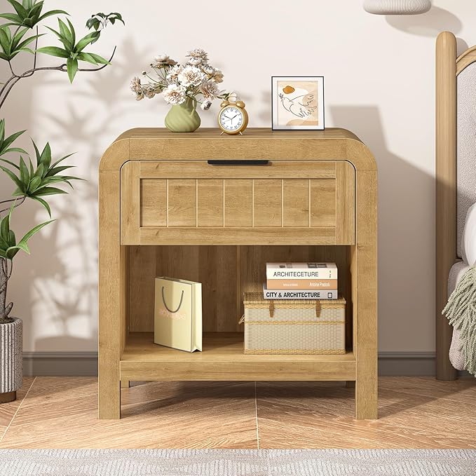 IKENO Wood Nightstand Set of 2 with Storage Drawer, 21" Wide NightStand with Curved Profile Design, Bedside End Table for Bedroom, Living Room, Closet (2, Natural Oak, 1 Drawer)