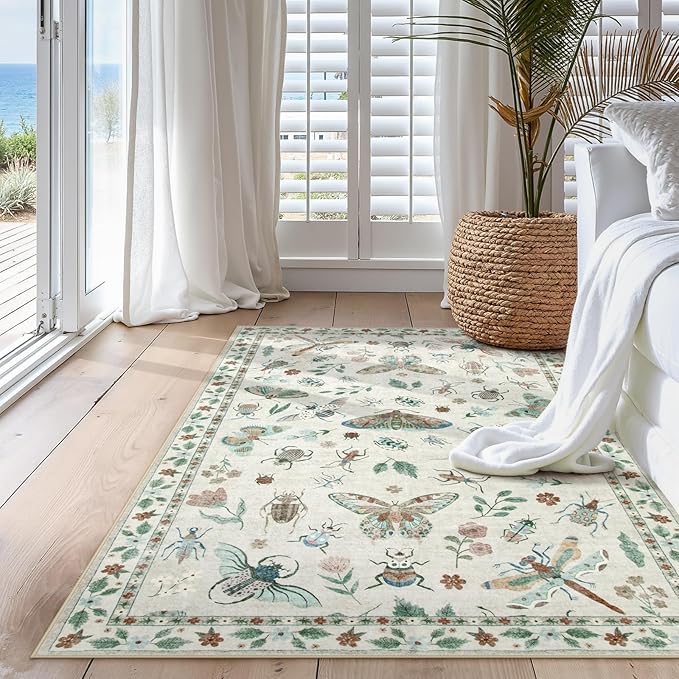 Lahome Insect Machine Washable Rug, 3x5 Rug Non Slip Soft Bedroom Rugs for Entryway Dorm, Ultra-Thin Rugs for Living Room Stain Resistan Throw Carpet for Nursery Entrance, Beige
