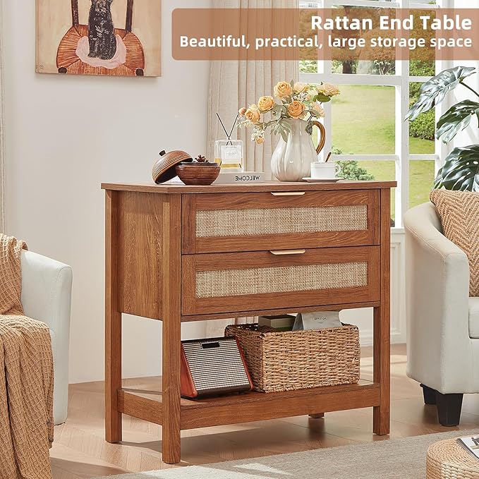 LEYAOYAO 31.5" Wide Rattan Night Stand, Large Boho Nightstand, Bedside Table with Storage, Tall Bed Side End Tables, Chest of Drawers for Bedroom, Living Room, Hallway（Brown,2 Drawers,2）