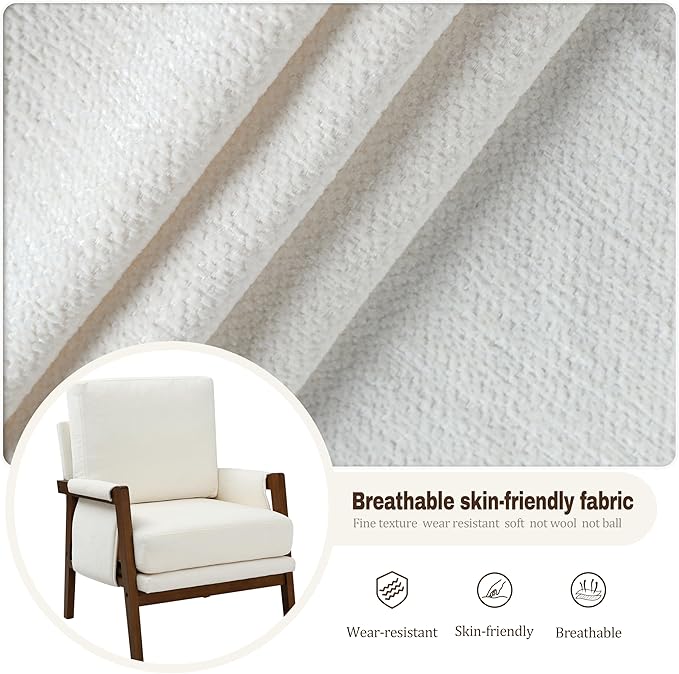 Cream Accent Chair for Bedroom & Living Room, Mid Century Modern Accent Arm Chair, Upholstered Anthropologie Accent Chair with Solid Wood Frame, Fabric