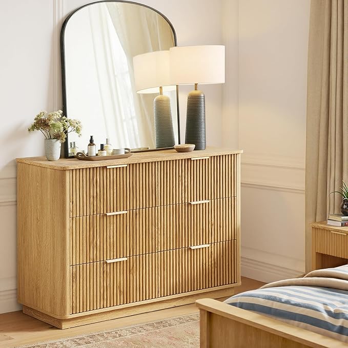 win2win 6 Drawer Dresser, Modern Dresser with Storage, 47" Wide Fluted Chest of Drawers with Faux Marble Top, Dressers TV Stand, Minimalist Drawers Organizer for Bedroom, Living Room, Hallway, Oak