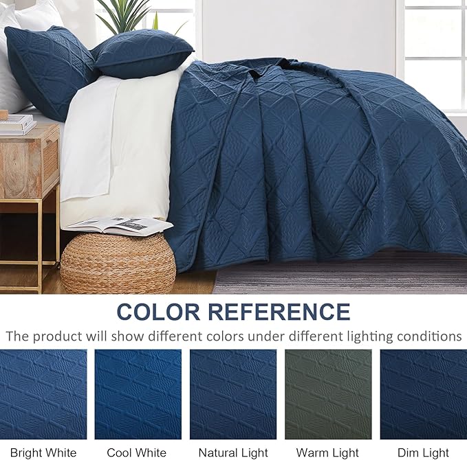 Yiran Quilt Queen Size Bedding Set Navy Blue Bedspreads Embossed Diamond Pattern 3 Piece Soft Microfiber Coverlet for All Season with 2 Pillow Shams (96x90 Inch)