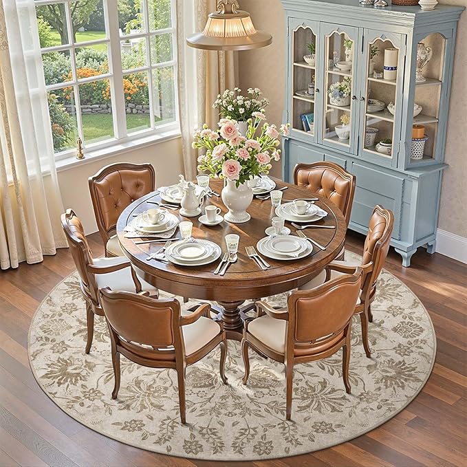 jinchan Torino Classic Floral Round Rug 7ft, Vintage-Inspired Neutral Design 7’Circle Rug, Machine Washable Ultra-Thin Low-Pile Non-Slip Indoor Carpet for Bedroom Dining Room Living Room, Taupe