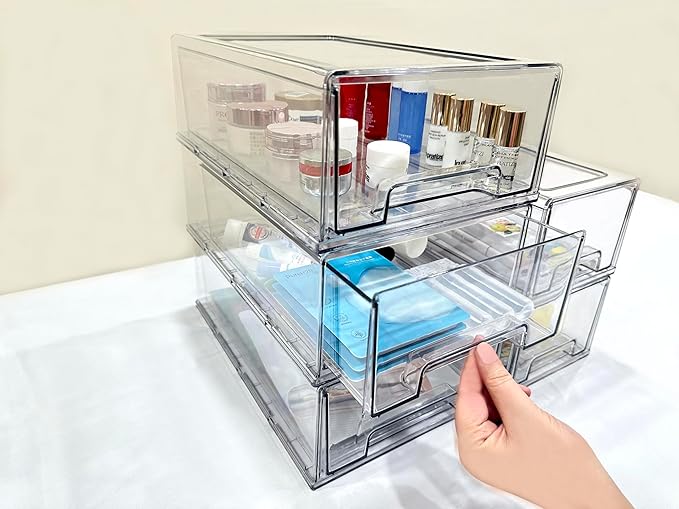 Stackable storage drawers, clear pull-out organizer with handles and non-slip pads for kitchen, refrigerator,office desktop, pantry and shelves, perfect for organization and storage (2 Pack, Medium)