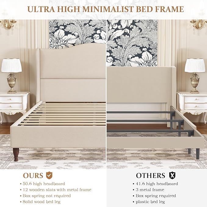 koorlian King Size Bed Frame Upholstered Platform Bed with 51" Tall Headboard Wingback, Soft Fabric, Retro Simple Style Platform Bed No Box Spring Needed, Easy Assembly, Beige