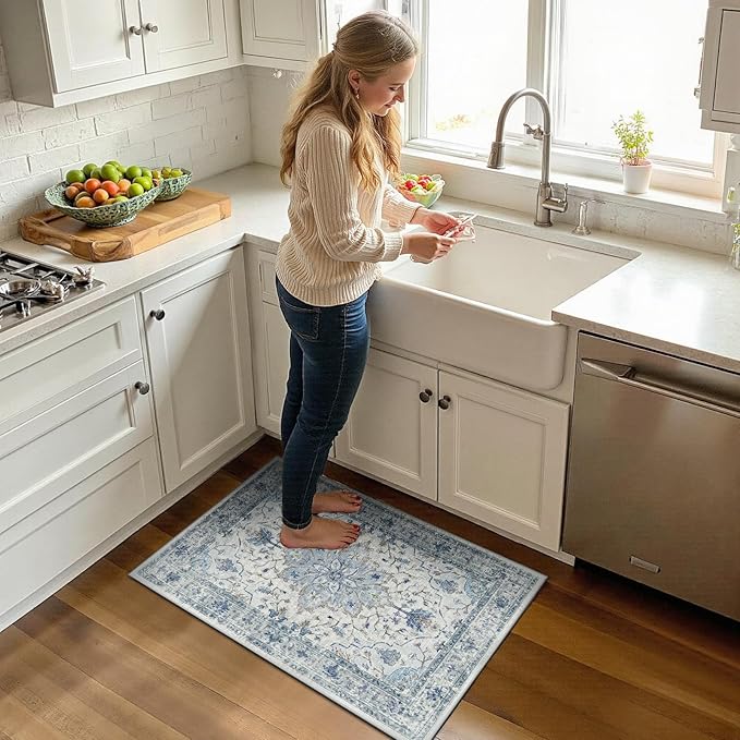 Area Rugs 2'x3' Washable Non-Slip, Floral Vintage Distress Print Pattern Medallion Carpet for Living Room Bedroom Dining Room, Light Blue Navy Beige Gray White