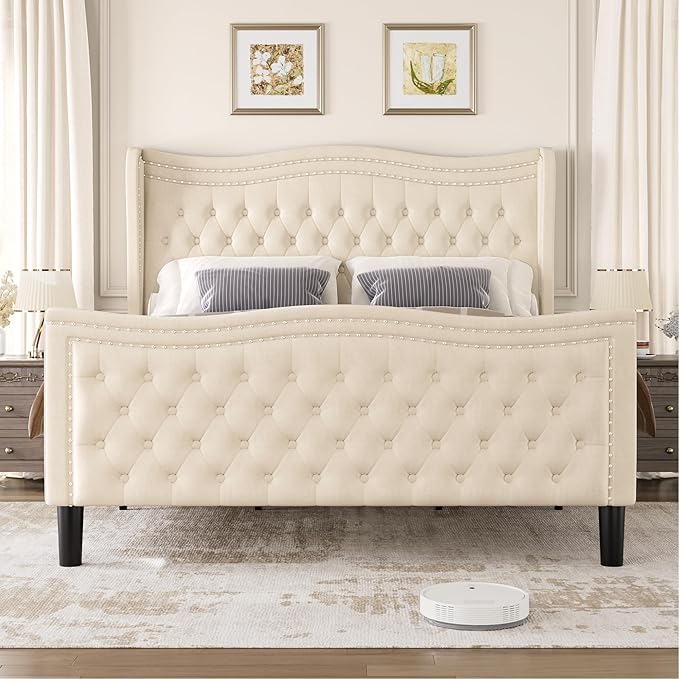 King Bed Frame with Tall Headboard & Footboard, Velvet Upholstered Platform Bed Frame with Deep Button Tufted Wingback, No Box Spring Needed, Noise Free, Beige