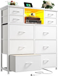 White Dresser for Bedroom with 10 Drawers Featuring LED Light and Power Outlet, Fabric Dressers & Chest of Drawers with Open Shelves for Hallway, Living Room, Steel Frame,Wood Top