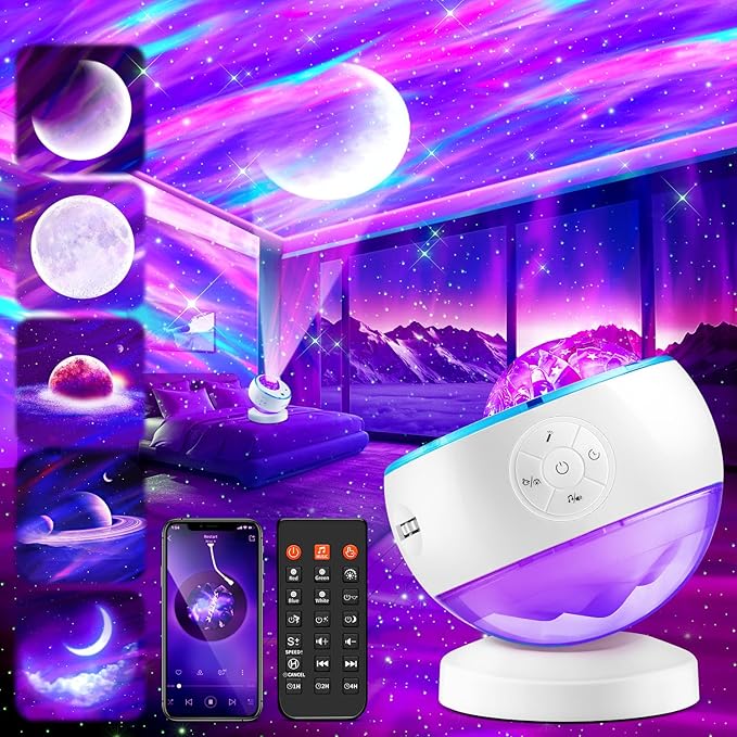 Northern Galaxy Light Aurora Projector with 300+ Light Effects, LED Star Projector for Bedroom Nebula Lamp, Remote Control, 15 White Noises, Bluetooth Speaker Gifts for Kids Adults