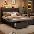 Full Size Bed Frames with Storage Headboard and 2 Drawers, Upholstered Button Linen Platform Bed Frame Full with Led Lights and Charging Station, No Box Spring Needed, Easy Assembly, Noise Free, Gray