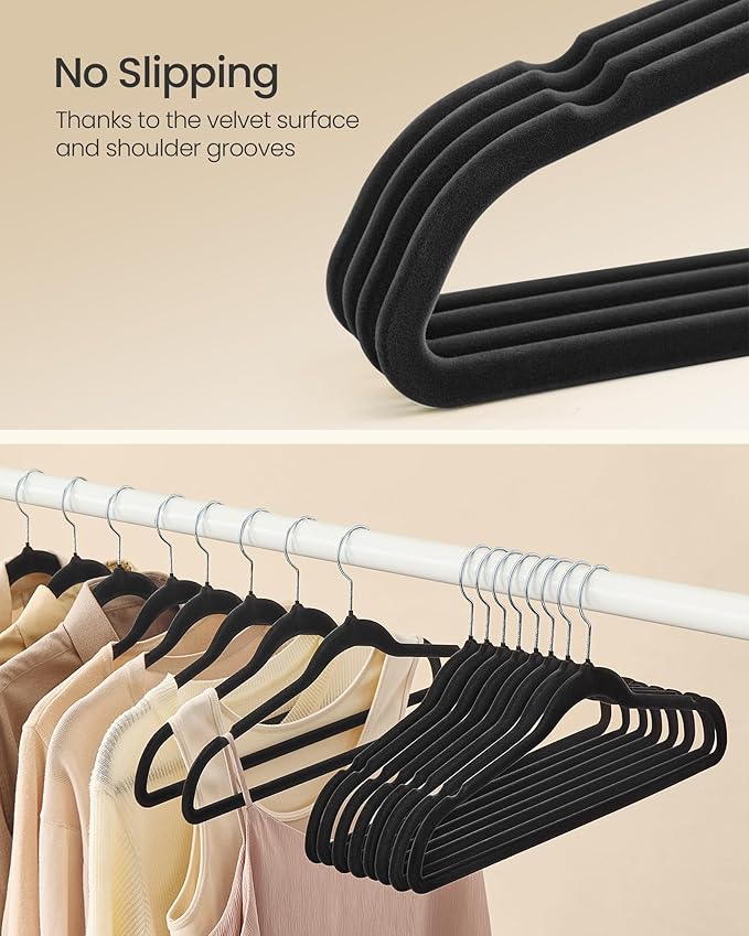 SONGMICS Velvet Hangers 60 Pack, Non-Slip Clothes Hangers with Silver-Colored Swivel Hooks, Slim Space-Saving for Closet, Heavy-Duty, Black UCRF036BZ02S