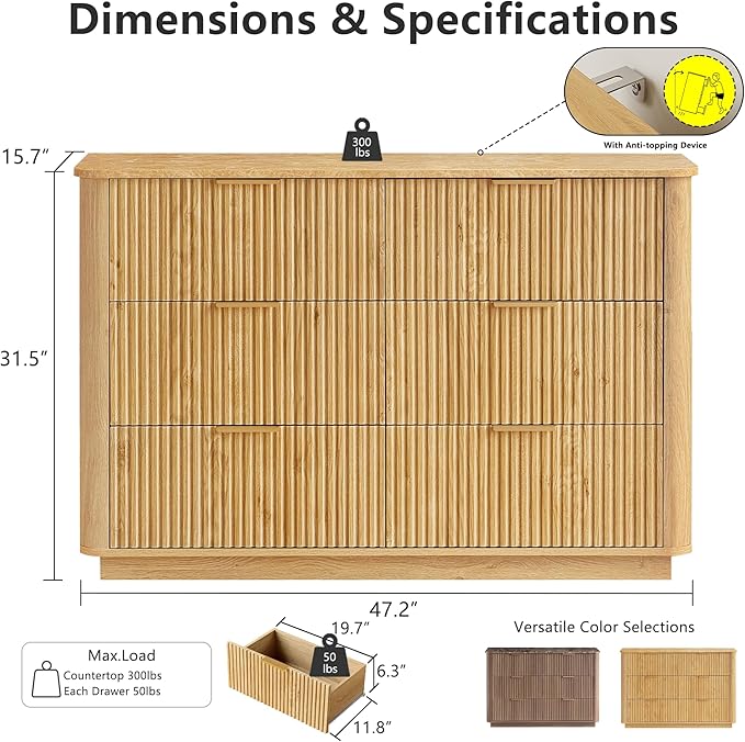 win2win 6 Drawer Dresser, Modern Dresser with Storage, 47" Wide Fluted Chest of Drawers with Faux Marble Top, Dressers TV Stand, Minimalist Drawers Organizer for Bedroom, Living Room, Hallway, Oak