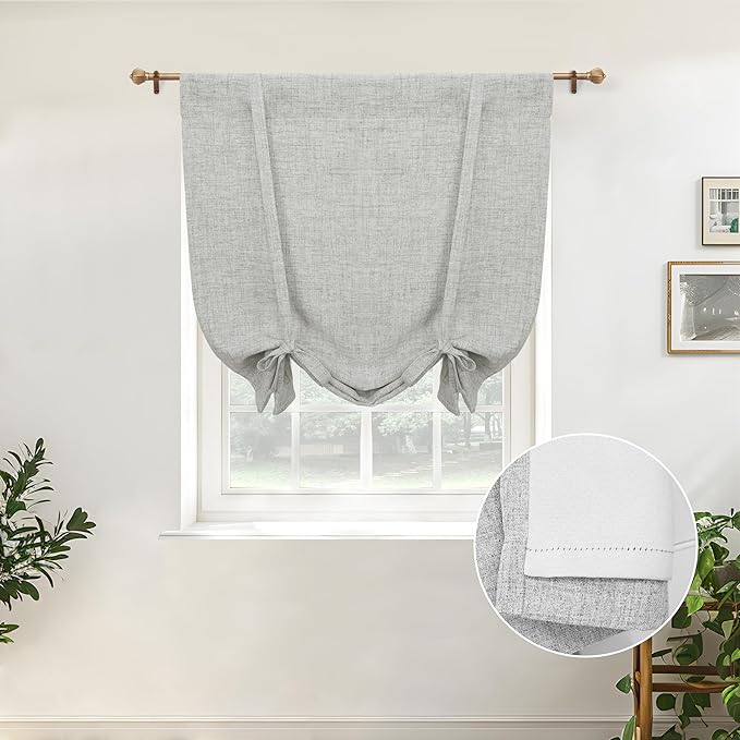 DriftAway Double Layer Linen Blackout Tie Up Curtains Thermal Insulated Fully Lined Balloon Roman Shade Bathroom Window Adjustable Rod Pocket for Small Window 31 Inch by 47 Inch Gray
