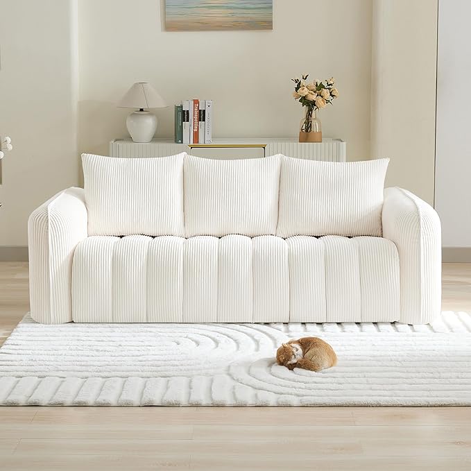 83'' Boneless Corduroy Sofa, Oversized 3 Seater Deep Seat Couch with Rounded Armrest, Modern Upholstered Cloud Sofa for Living Room, No Assembly, White