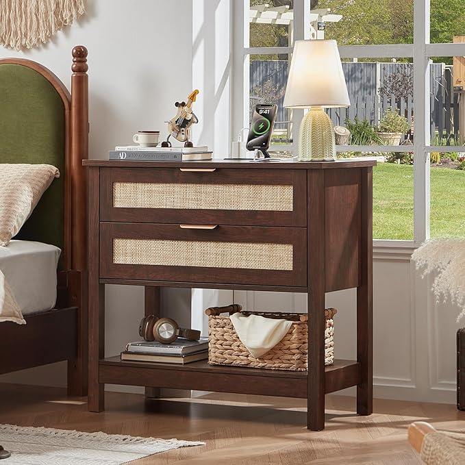 LEYAOYAO 31.5" Wide Rattan Night Stand, Large Boho Nightstand, Bedside Table with Storage, Tall Bed Side End Tables, Chest of Drawers for Bedroom, Living Room, Hallway（Walnut,2 Drawers with Charger,2）