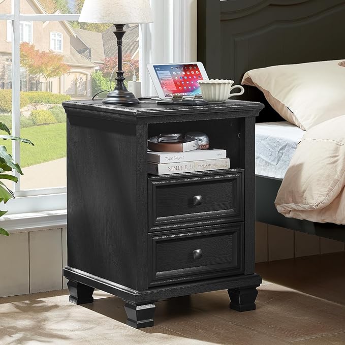 SAVOR LIFE Farmhouse Nightstand Set of 2 with Charging Station, Rustic Black Nightstand,2 Drawers End Table for Living Room,Bedside Table with Open Shelf for Bed Room,Black