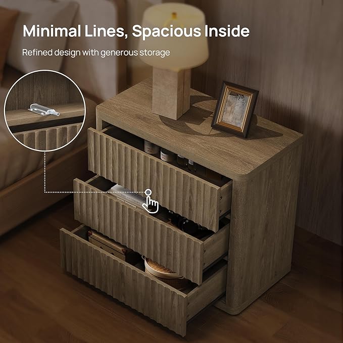SICOTAS Night Stand Set 2 - Oversized Extra Large Bedside Table Modern Side Table with Storage Fluted 3 Drawer Nightstand 27.5" W End Tables Dorm Room Nightstands for Bedroom Sofa Couch Home Office