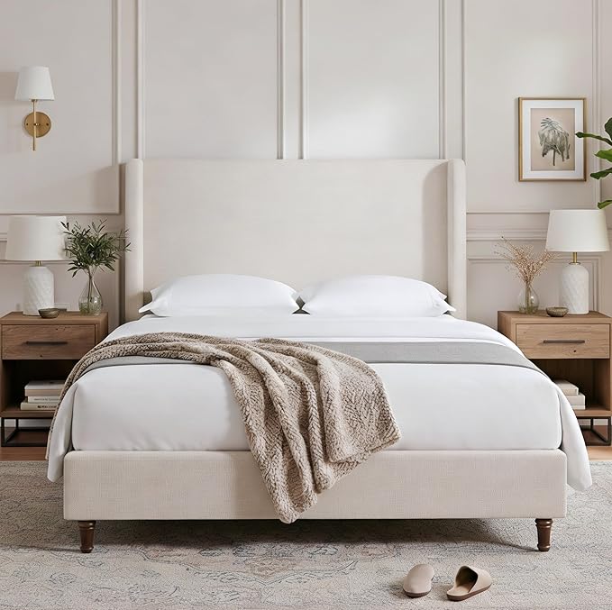 Harper Upholstered Bed with 54" Tall Headboard - Wingback Chenille Platform Bed Frame, Solid Wood Feet, Sturdy Metal Base, Easy Assembly (Textured Ivory, Queen (U.S. Standard))