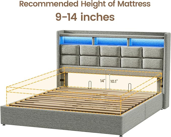 Lift Up Full Size Bed Frame with Storage, Upholstered Full Bed Frame with LED Lights Headboard and Charging Station, No Box Spring Needed, Easy Assembly - Light Grey