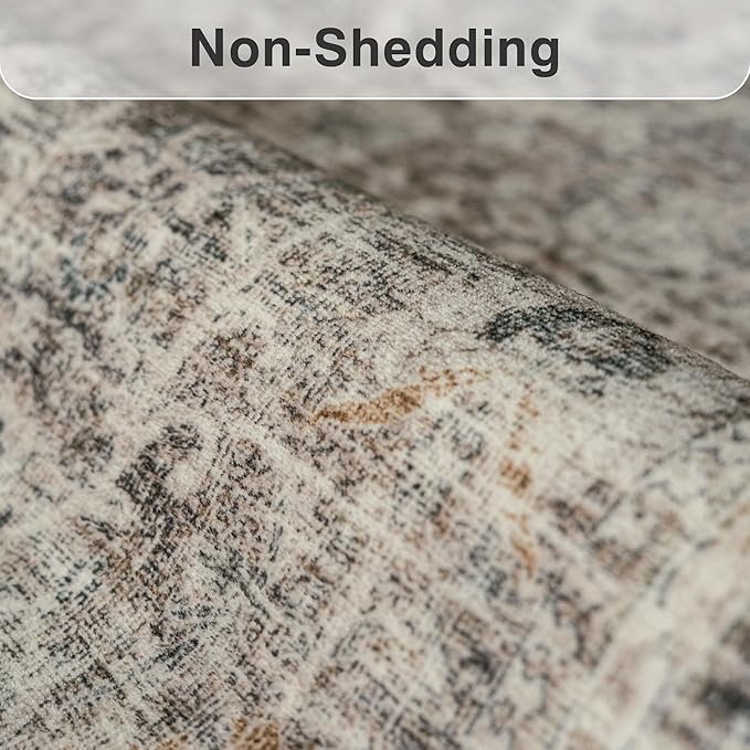FMFUNCTEX 5x7 Washable Area Rug Neutral Vintage Taupe Non Slip Low Pile Traditional Indoor Carpet for Living Room Bedroom Soft Retro Floral Mat Throw Rug for Dining Office Kitchen Dorm Entryway