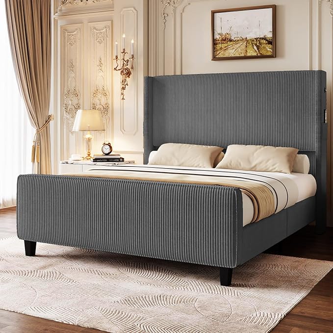 King Size Bed Frame with Headboard, Upholstered Platform Bed with Tall Wingback Headboard & Footboard, Corduroy Bed Frames with USB Ports, Easy Assembly, Grey