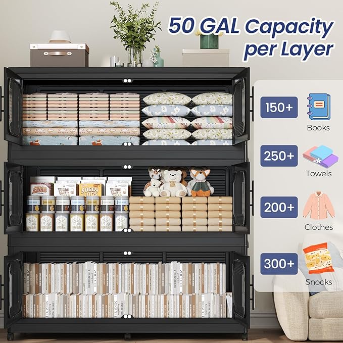 250GAL Extra Large Storage Bins with Lid, 1000QT Storage Bins with Wheels, Folding Closet Organizer, Stackable Collapsible Plastic Storage Containers for Home, Office, Kitchen, 5Pack Black
