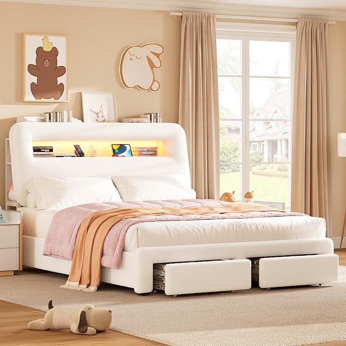King LED Bed Frame with Storage Headboard & Charging Station, Kids Bed Frames with Bookcase, Teddy Fleece Upholstered Platform Bed Frames with 2 Storage Drawers, Noise Freed, Beige