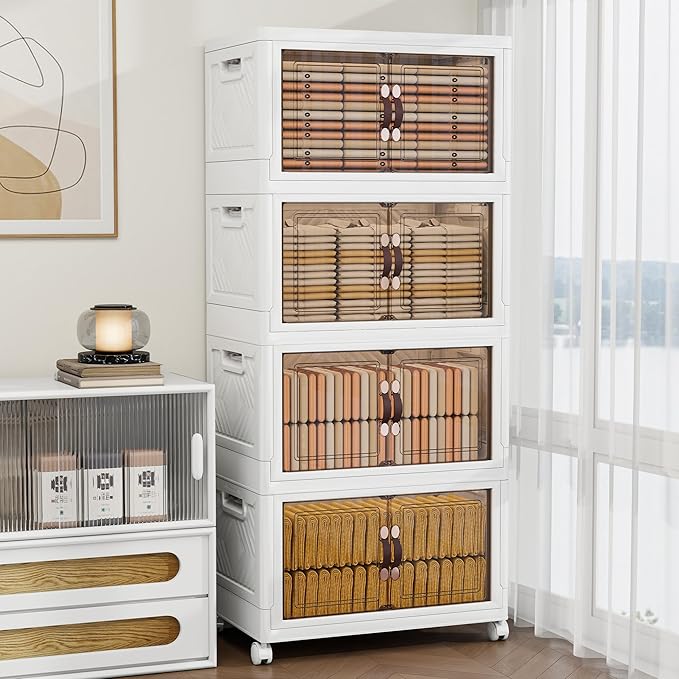 Storage Bins with 2 Lids and Wheels, 990QT-165QT*6Tier Collapsible Bathroom Storage Cabinet with Clear Doors, Plastic Stackable Closet Organizers and Containers White